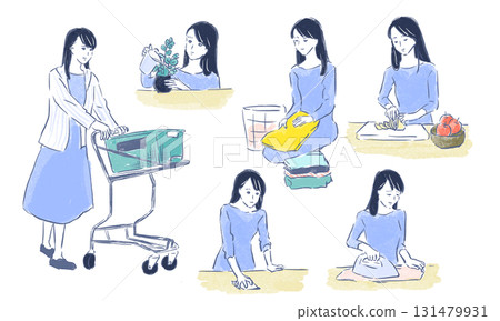 女性做家事：購物、煮飯、打掃、熨燙、澆水、洗衣 131479931