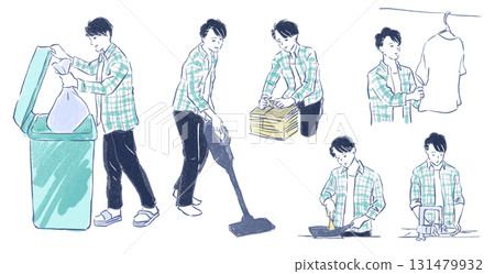 男人做家事：倒垃圾、打包、打掃、洗衣服、煮飯、整理 131479932