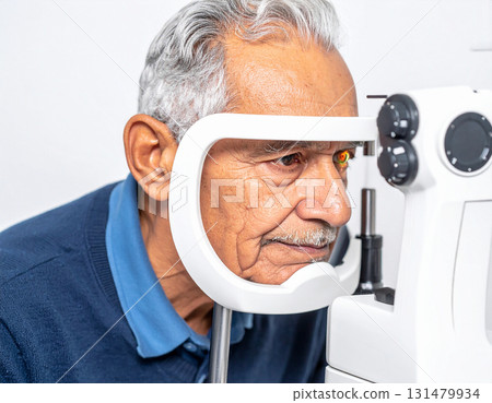 AI generated image of a 72-year-old man calmly undergoing a retina scan using a sleek modern AI device at home with soft glowing light. Clean, professional medical technology. 131479934