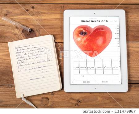 AI generated image showcasing a handwritten 1990 medical diary next to an iPad displaying a personalized health timeline with dynamic AI analysis, bridging the past and present of healthcare. 131479967