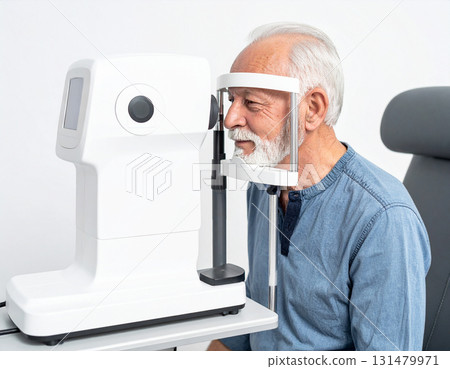 AI generated image of a 72-year-old man calmly undergoing a retina scan using a sleek modern AI device at home with soft glowing light. Clean, professional medical technology. 131479971