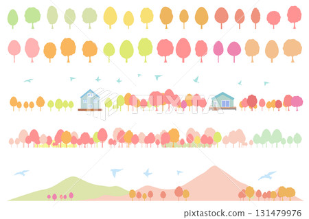 Autumn leaves and cityscape silhouette illustration set background illustration 131479976