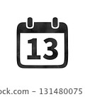 Hand-drawn black silhouette calendar icon "13" with watercolor texture 131480075