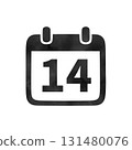 Hand-drawn black silhouette calendar icon "14" with watercolor texture 131480076