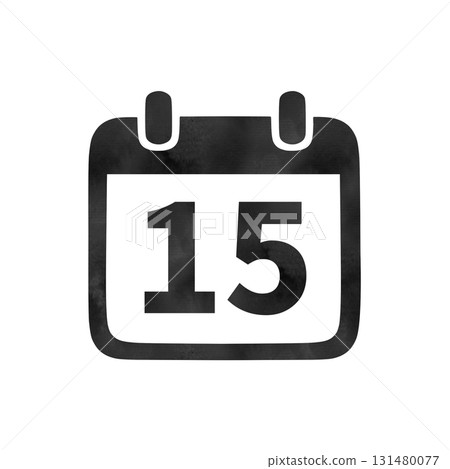 Hand-drawn black silhouette calendar icon "15" with watercolor texture 131480077