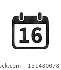 Hand-drawn black silhouette calendar icon "16" with watercolor texture 131480078