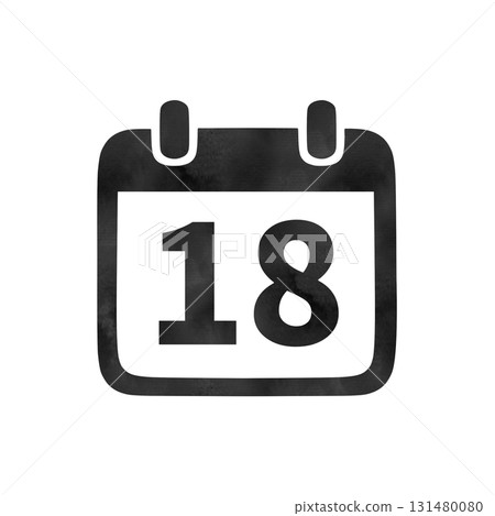 Hand-drawn black silhouette calendar icon "18" with watercolor texture 131480080