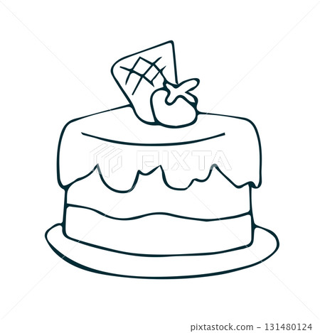 Minimal line art drawing of cake with strawberry topping and waffle decoration Minimal line art drawing of cake with strawberry topping and waffle decoration 131480124