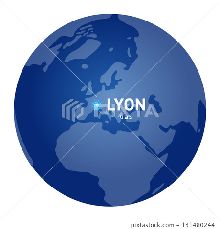World map with a globe showing the location of Lyon 131480244