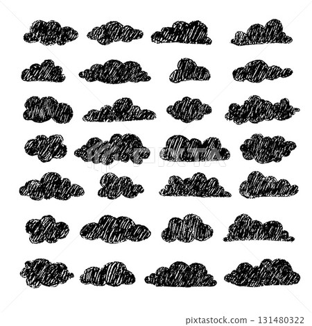 Black crayon cloud doodles. Childish hand drawn weather elements for kids design or school. Vector illustration 131480322