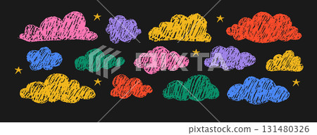 Abstract pencil clouds. Playful charcoal and crayon drawings. Childish hand sketched doodles for nursery or invitations. Grunge image. Colorful Vector illustration on black. Y2K style Abstract pencil clouds. Playful charcoal and crayon drawings. Childish hand sketched doodles for nursery or invitations. Grunge image. Colorful Vector illustration on black. Y2K style 131480326