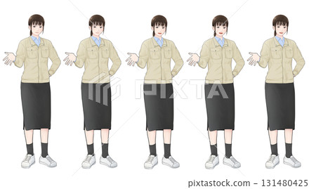 Facial expression set illustration of a Japanese woman wearing a work jacket and skirt 131480425