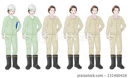 一位穿著工作服和橡膠靴的老年婦女的一組面部表情 131480426