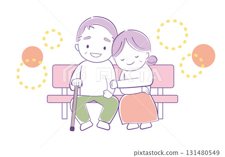 一對老夫婦坐在長椅上擁抱 131480549