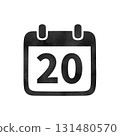 Hand-drawn black silhouette calendar icon "20" with watercolor texture 131480570