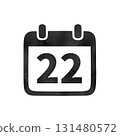 Hand-drawn black silhouette calendar icon "22" with watercolor texture 131480572