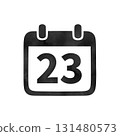 Hand-drawn black silhouette calendar icon "23" with watercolor texture 131480573