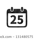 Hand-drawn black silhouette calendar icon "25" with watercolor texture 131480575