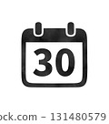 Hand-drawn black silhouette calendar icon "30" with watercolor texture 131480579