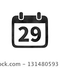 Hand-drawn black silhouette calendar icon "29" with watercolor texture 131480593