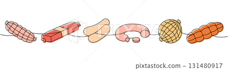 Sausage set. Semi-finished products one line colored continuous drawing. Vector illustration 131480917