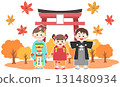 Illustration of children going to a shrine for Shichi-Go-San and a torii gate 131480934