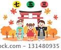 Illustration of children going to a shrine for Shichi-Go-San and a torii gate with text 131480935