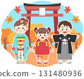 Illustration of children going to a shrine for Shichi-Go-San and a torii gate 131480936