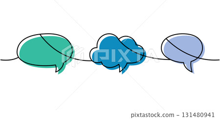 Minimalist continuous line art with three colorful speech bubbles. Creative outline design for communication concepts 131480941