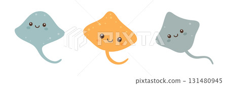 Cartoon stingray set in blue, orange, and grey tones. Cute style marine animals for underwater designs 131480945