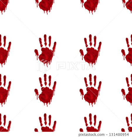 Bloody hand pattern on white background. Dripping horror seamless handprints 131480954