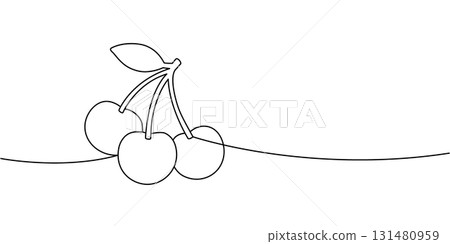 Three cherries on branch continuous line drawing. Minimal one line fruit art design for natural food, decoration and modern illustration projects 131480959