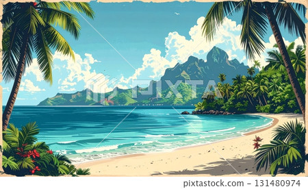 Tranquil Beach and Mountain Forest - Vintage Postcard 131480974