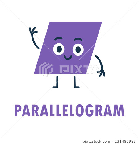 Purple cartoon parallelogram with face, arms and legs. Cute geometric character illustration for math, posters and preschool 131480985