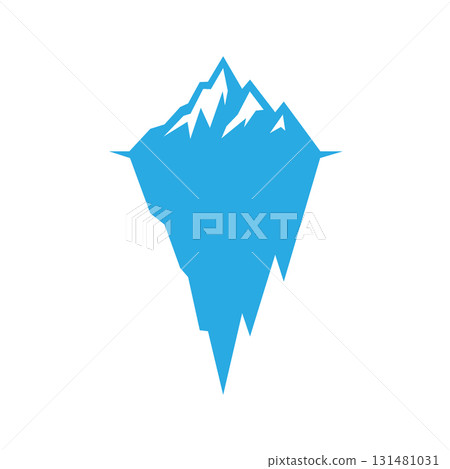 Blue iceberg silhouette with snowy mountain peaks. Flat vector arctic frozen illustration for polar travel, eco campaigns and water concepts Blue iceberg silhouette with snowy mountain peaks. Flat vector arctic frozen illustration for polar travel, eco campaigns and water concepts 131481031