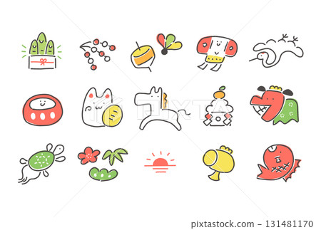 一套可愛的新年幸運符和馬 2026 線描新年象徵 131481170