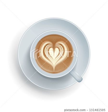 Ralistic offee cup with heart shape made of froth. Top view of hot cappuccino, latte beverage with foam. White ceramic cup and saucer minimalist design realistic vector illustration isolated on white Ralistic offee cup with heart shape made of froth. Top view of hot cappuccino, latte beverage with foam. White ceramic cup and saucer minimalist design realistic vector illustration isolated on white 131481505