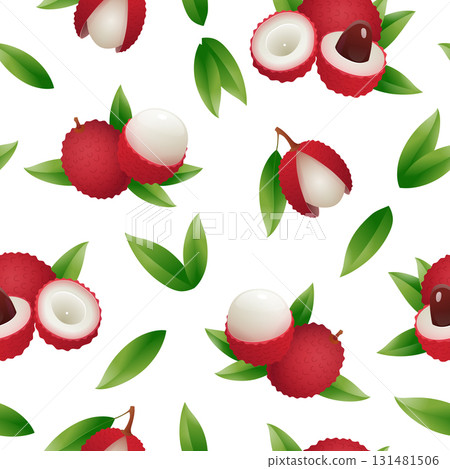 Exotic lychee fruit seamless pattern. Whole, cut in half organic fruits with leaves. Endless repeating print for fabric, textile, wrapping paper, background design vector illustration 131481506