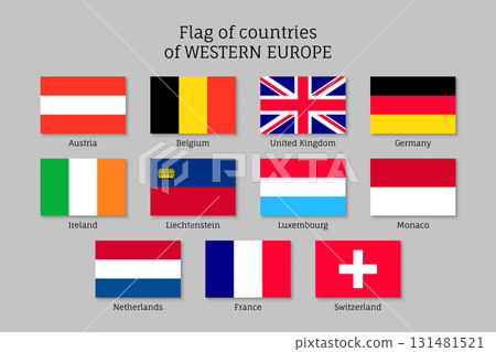 Set of flags of Western Europe countries. 11 ensigns of Western Europe member states. Vector icons on gray background. Set of flags of Western Europe countries. 11 ensigns of Western Europe member states. Vector icons on gray background. 131481521