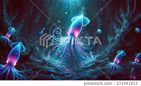 Surrealistic Glowing Squid Deep Sea Scene 131481612