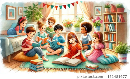 Watercolor illustration of diverse children reading books at home on Children's Day 131481677
