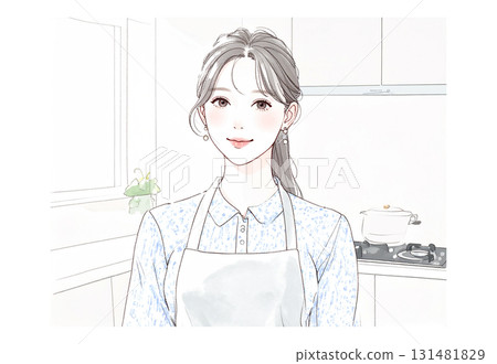 Watercolor/Hand-drawn illustration material of a woman/girl wearing an apron Watercolor/Hand-drawn illustration material of a woman/girl wearing an apron 131481829