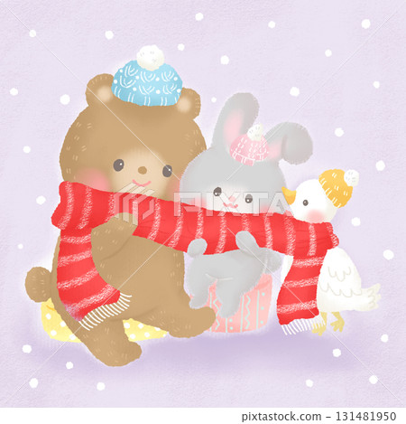 動物們在雪地裡用圍巾取暖 動物們在雪地裡用圍巾取暖 131481950