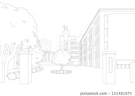 A line drawing of the school building, gateposts, and plantings near the school entrance 131481975