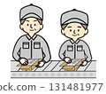 Men and women of middle to senior age who pack boxes on the assembly line at a parts factory 131481977