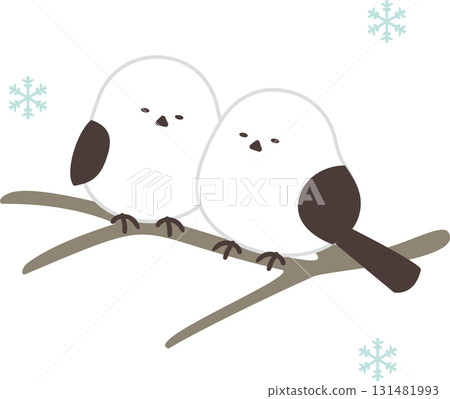 一幅舒緩的插圖，描繪了一隻長尾山雀棲息在雪地裡 131481993