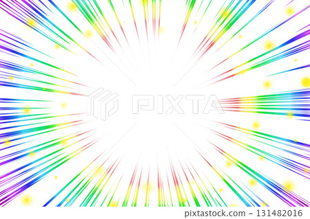 An illustration with rainbow focus lines and yellow glitter on a white background 131482016