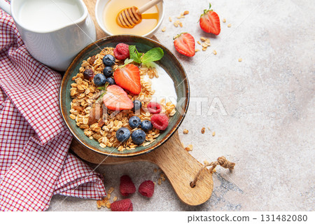 Healthy breakfast granola bowl with fresh berries Healthy breakfast granola bowl with fresh berries 131482080