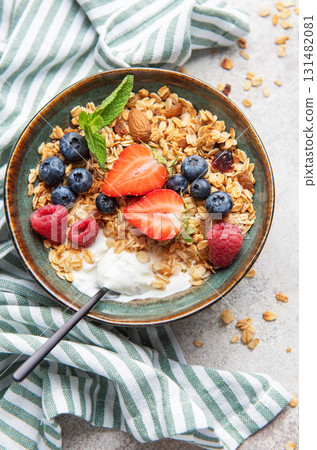 Granola bowl with fresh berries for healthy breakfast 131482081