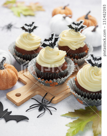 Cupcakes with bat decorations celebrating halloween spooky season 131482093